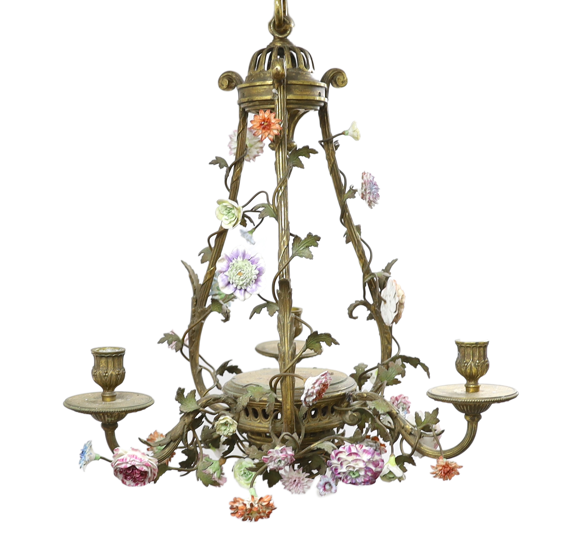 A Louis XVI style ormolu and porcelain three light chandelier 38cm wide, drop 52cm, Please note this lot attracts an additional import tax of 5% on the hammer price